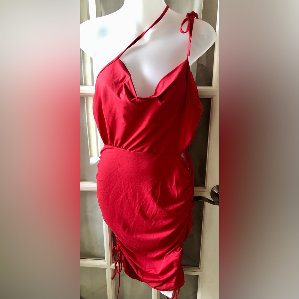 Women’s red bodycon spaghetti strap cowl neck side ruched side cutout dress